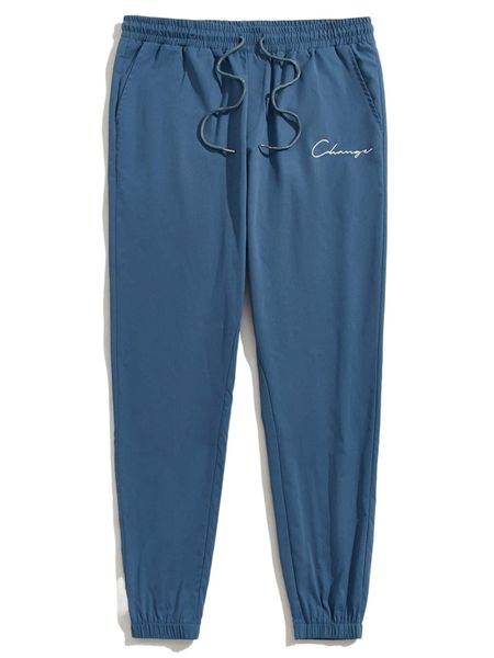 

men letter embroidery drawstring waist pants k4fw#, Black