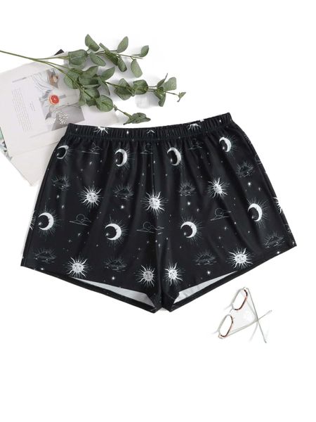 

plus moon & sun print sleep shorts w5m7#, Black;white