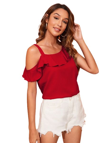 

asymmetrical neck ruffle trim blouse z3ji#, White