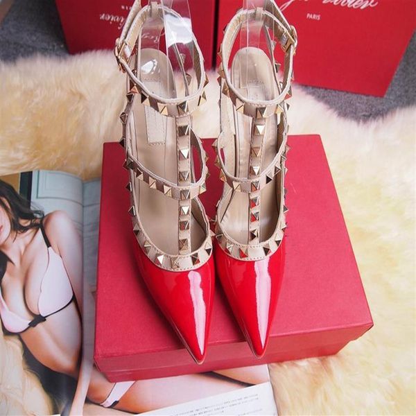 

2022 designer women high heels party sandals fashion rivets girls pointed shoes dance shoes wedding shoe double straps251k, Black