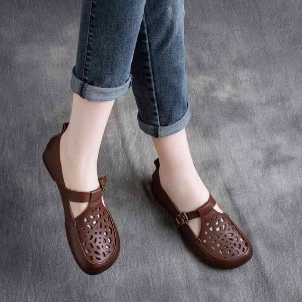 

sandals spring leather round head hollow buckle soft sole shoes shallow mouth casual square single w57e, Black