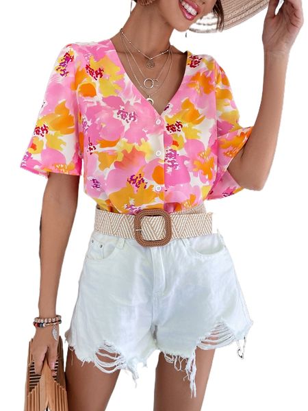 

floral print puff sleeve blouse q2s6#, White