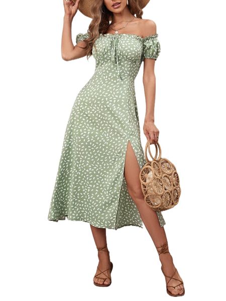 

allover print tie front split thigh bardot dress f5p1#, Black;gray