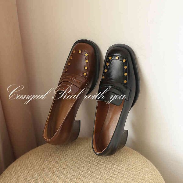 

sandals autumn french simple square middle heel shoes women's soft leather head high heels rivet small mtz1, Black