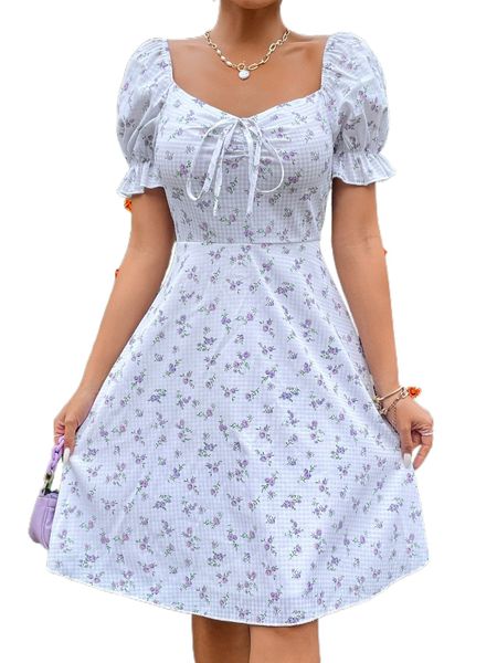 

sweetheart floral print tie front ruched dress v3qs#, Black;gray