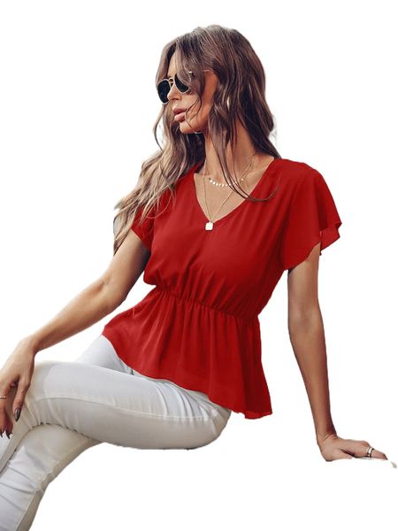 

butterfly sleeve peplum blouse x1ff#, White