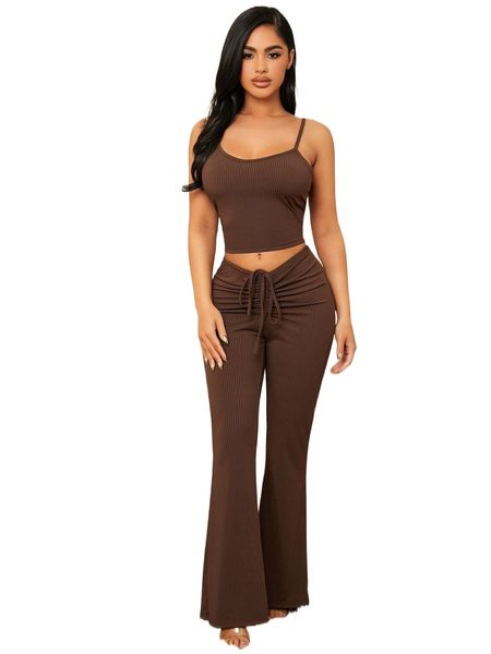 

rib-knit cami & ruched drawstring pants lounge set s3f6#, Black;red