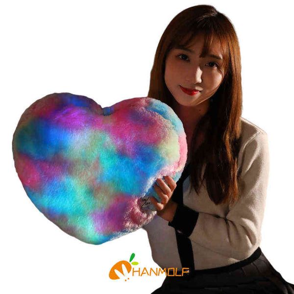 Cm Glowing Rainbow Color Heart con cuscino di peluche quadrato per bambini durante la notte Plushie batterie utilizzano Onoff Dropshipping J220704