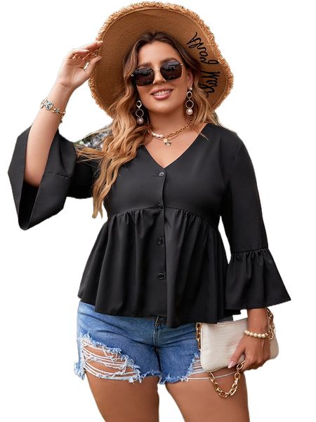 

plus button front flounce sleeve blouse e9ch#, Black