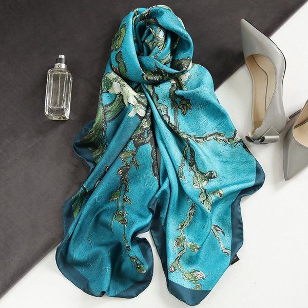

spain luxury silk scarf women designer van gogh oil painting floral shawls pashmina ladies wraps foulard hijab, Blue;gray