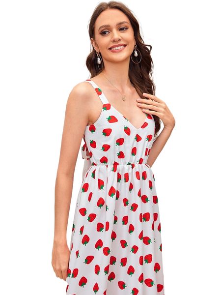 

1pc all over strawberry print tie back cami dress k2lw#, Black;gray