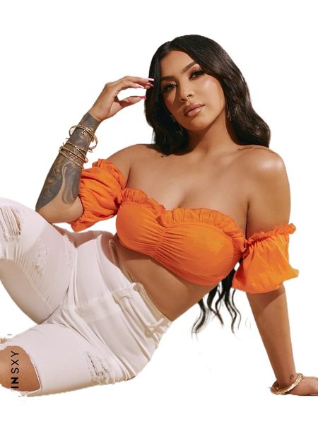 

x evettexo off the shoulder frill trim ruched bust crop e7gk#, White
