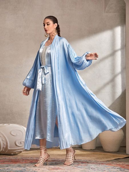 

pearls split thigh belted metallic dress & lantern sleeve coat t94a#, White