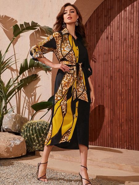 

patchwork print roll tab sleeve belted shirt dress c1xg#, Black;gray