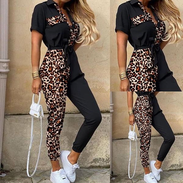 

women's jumpsuits & rompers bodysuit women spot lapels leisure belt printing tooling jumpsuit streetwear ckx9302, Black;white