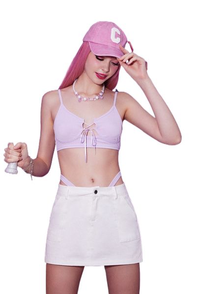 

romwe y2k revival solid lace up cami & 2 in 1 skirt z19p#, White