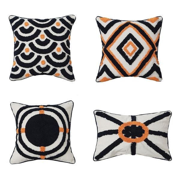 Federa per cuscino trapuntata in tessuto stile etnico Boho Ricamo 3D Fodera per cuscino decorativa con motivo geometrico nero arancione f CX220331218C