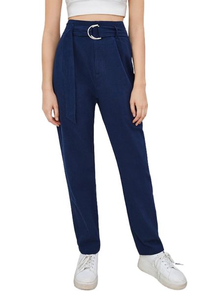 

solid belted straight leg pants o1tr#, Black;white