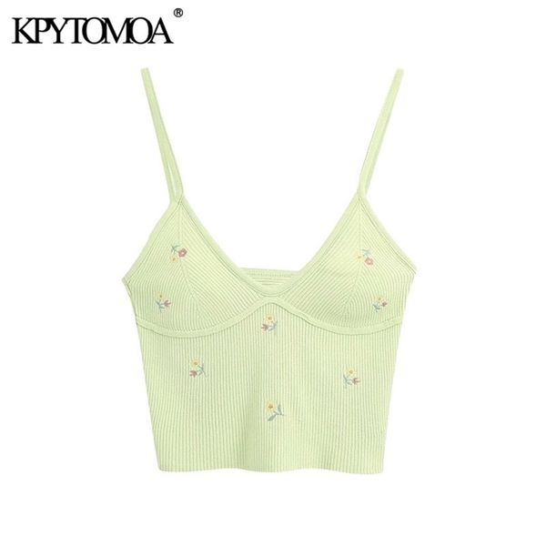 

kpytomoa women sweet fashion floral embroidery cropped knitted blouses vintage backless thin straps female shirts chic 210308, White