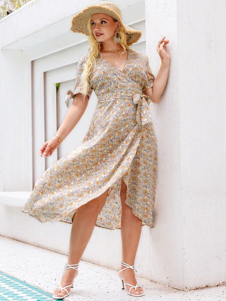 

simplee plus knot cuff allover floral wrap dress p8ao#, Black