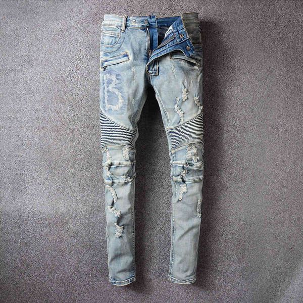 

men's jeans 979 light wear beggar vintage multi pocket slim fit elastic trendy cut motorcycle high street jeans ig4x, Blue
