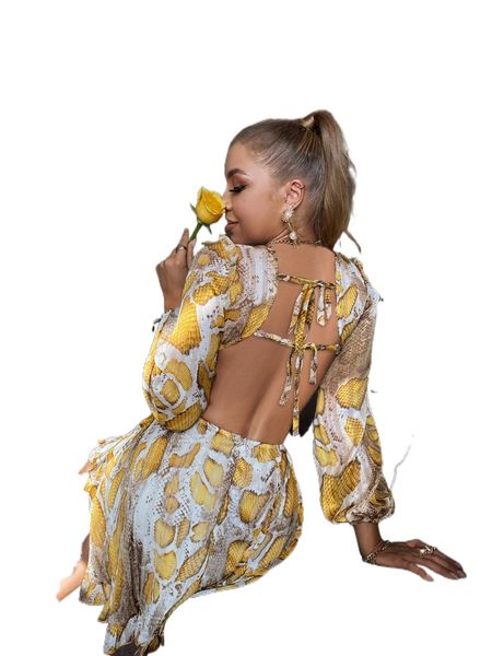 

glamaker tied backless plunging neck cut out graphic print dress t7fx#, Black;gray