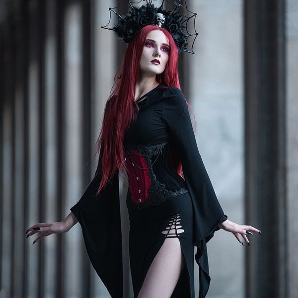 

casual dresses europe and the united states halloween dark bat sleeve slit dress, Black;gray