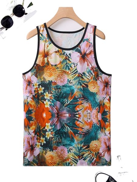 

men tropical & floral print contrast binding tank y60m#, White;black