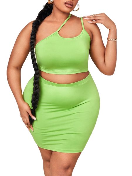 

sxy plus one shoulder crop & skirt b6z1#, Black