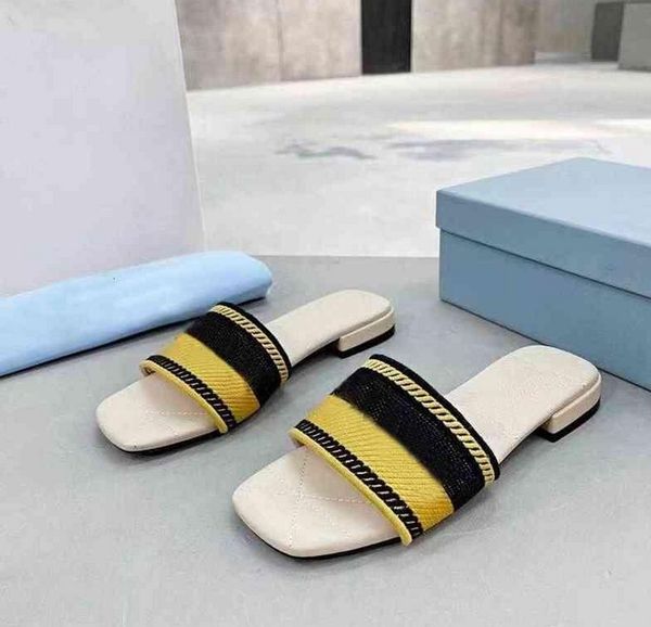 

designer women slippers embroidered sandals fabric triangle slides mules knitted slipper womens home flip flops casual summer leather flat s, Black