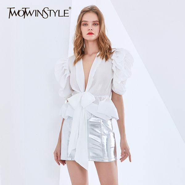 

white patchwork ruffle shirt for women v neck puff sleeve lace up bowknot elegant blouse female fashion clothing 210423