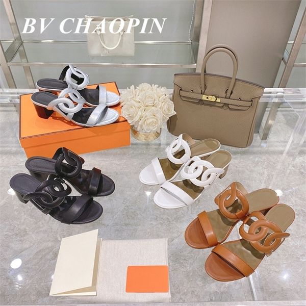 

30% off 2022 sandals women summer genuine leather chunky med heels designer narrow band slides shoes outfitslippers chaussure femme, Black