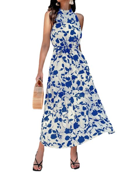 

floral print ruffle hem belted halter dress e1yb#, Black;gray