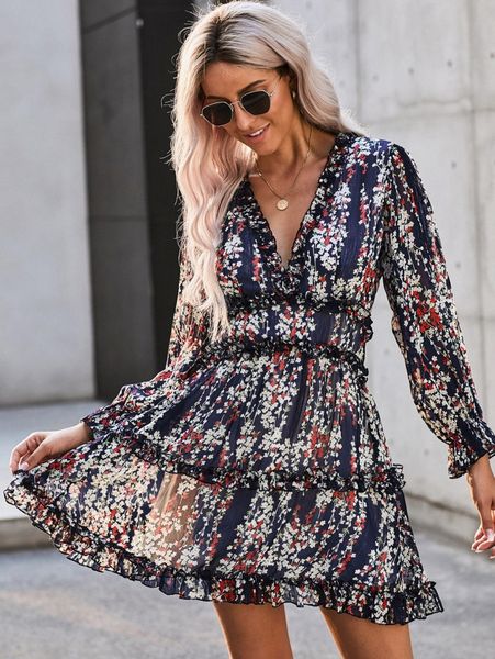 

ditsy floral print backless frill trim a-line dress k8qf#, Black;gray