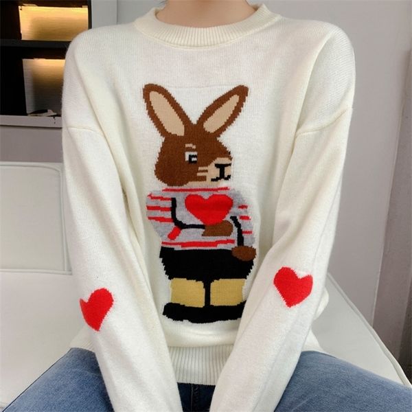 

autumn and winter womens cashmere sweater womens loose pullover fashionable embroidered mr rabbit sweater womens round 220817, White;black
