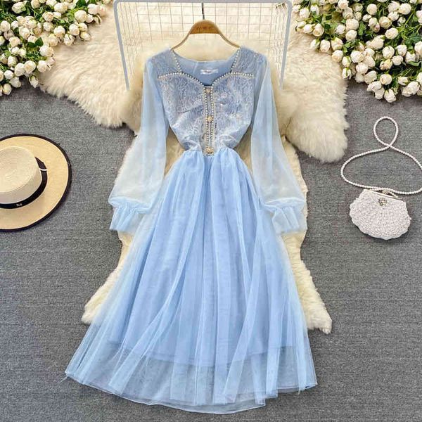 

casual dresses autumn style gauze long skirt gentle wind fairy super sweet sen department waist closed thin square neck dress ffzu, Black;gray
