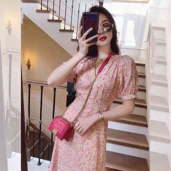 

casual dresses 2022 summer french gentle temperament waist closing pink chiffon floral dress women's p4ht, Black;gray