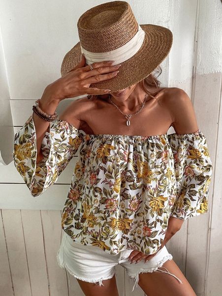

floral print off shoulder blouse t78w#, White