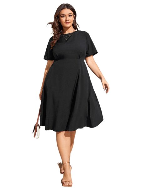 

plus solid flared hem a-line dress z75c#, Black