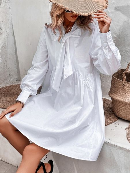 

tie neck high waist smock dress f5wt#, Black;gray