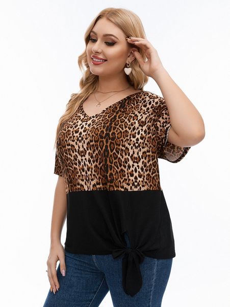 

plus leopard knot hem drop shoulder tee 26vc#, Black