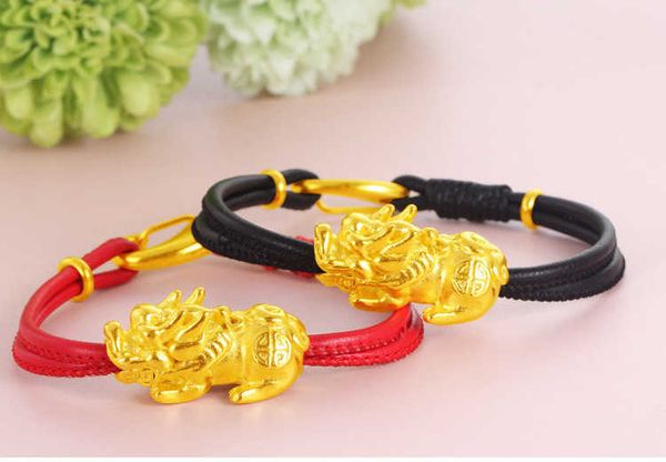 

men's and women's red and black leather rope pixiu bracelet, Golden;silver