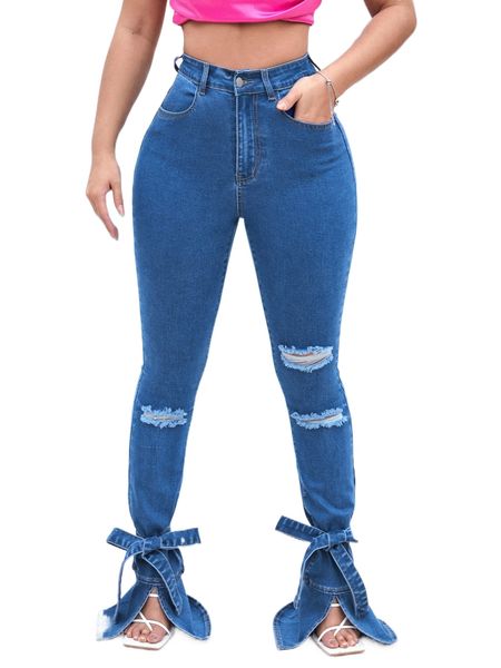 

sxy high waist ripped frayed knot front split hem jeans x5il#, Blue
