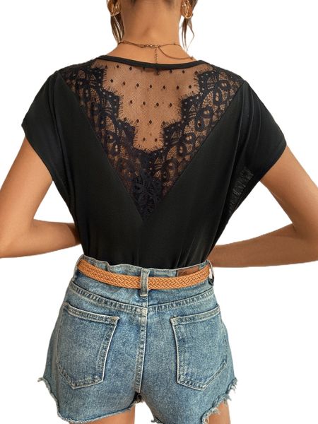 

lace panel batwing sleeve tee i7pf#, White