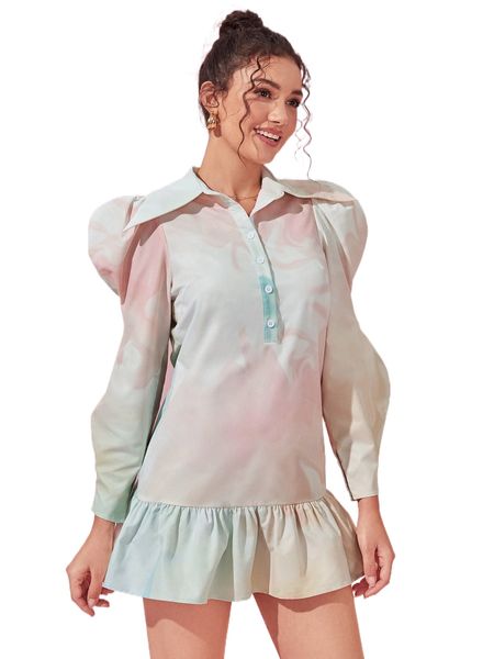 

x meng fei lin tie dye ruffle hem statement collar dress o0ei#, Black;gray