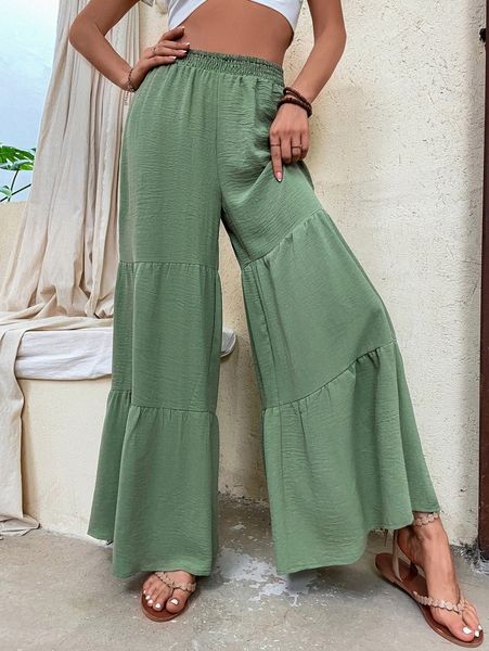 

solid ruffle hem wide leg pants z1n2#, Black;white