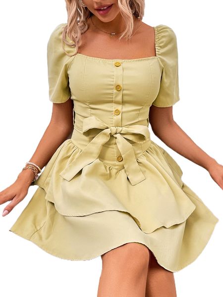 

square neck layered hem belted dress w8dz#, Black;gray