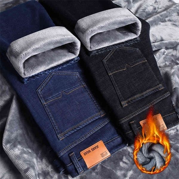 

men s fitted winter jeans new brand clothing plus velvet thick comfortable and warm youth fashion denim jeans classic waistband 210330, Blue