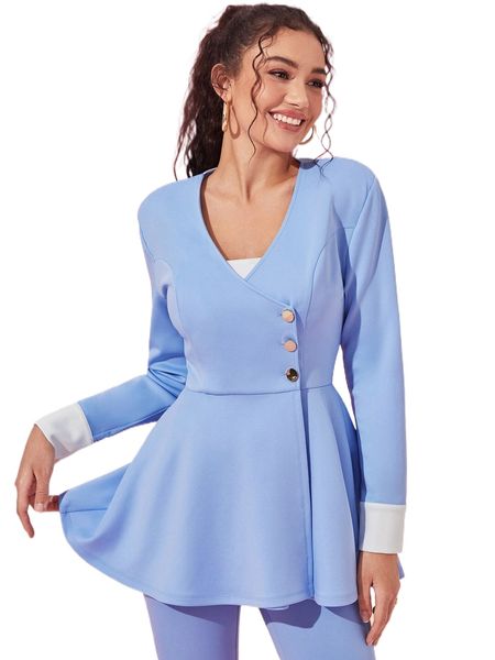 

x hiba contrast cuff button front peplum blouse e2d2#, White