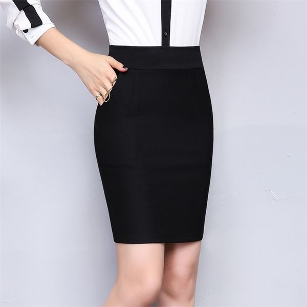 

spring & winter women office skirt slim solid color pocket elastic high waist pencil skirt plus size black mini skirt 210306